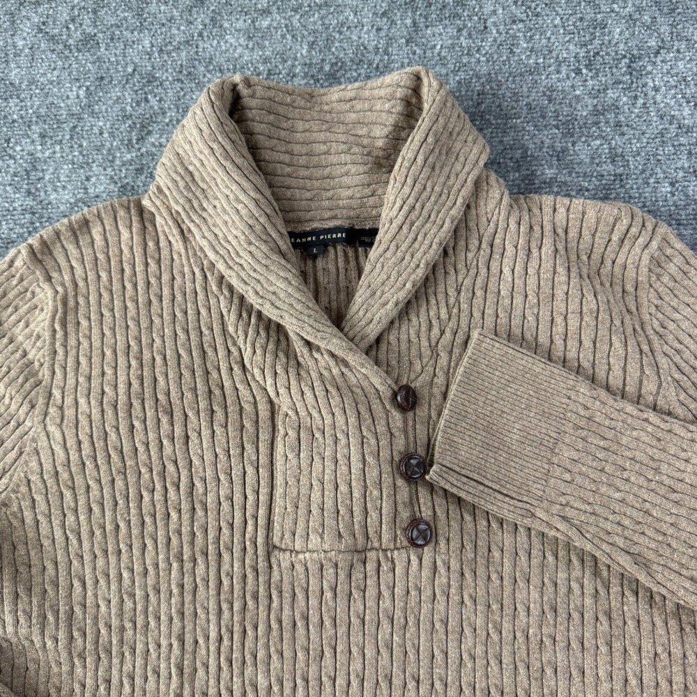 JEANNE PIERRE Cable Knit Shawl Collar Sweater Womens Large Tan Beige Cozy Winter